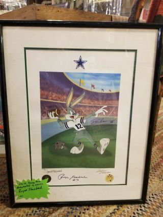 Dallas Cowboys Roger Staubach Drew Pearson Signed Auto Bugs Bunny Picture Rare