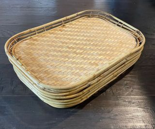 Set Of 7 Vintage Bamboo Rattan Tiki Lap Trays Bed Breakfast Stacking Serving