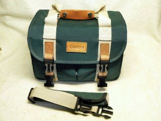 Vintage Canon Green Camera Gadget Equipment Slr Bag W/ Leather Trim & Strap