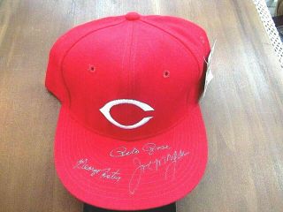 Pete Rose Joe Morgan George Foster Cincinnati Reds Signed Auto Cap Hat Jsa