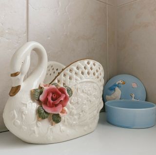Vintage Ornate Ceramic White Swan Planter Gold Porcelain Rose Feather Large