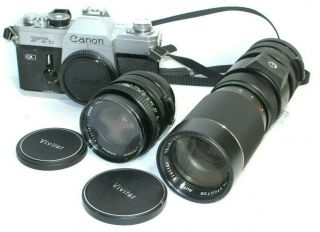 Vintage Canon Ftb Ql 35mm Film Camera W/2 Vivitar Lenses.