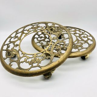 Vintage Ornate Rolling Brass Plant Base Stand Dolly With Caster Wheels Set Of 2