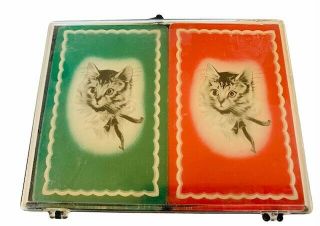 Dale Cat Kitten Playing Cards Vtg Deck Casino Poker Ephemera Case Plastic Coated
