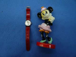 Walt Disney Minnie Mouse Watch W/ 5.  5 " Tall Hard Plastic Vintage Toy Figurine