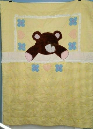 Sleeping Bear Quilt Baby Blanket Vintage Yellow Gingham Nursery Wall Tapestry