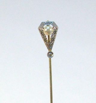 Fine Vintage Estate 14k White Gold Diamond & Pearl Filigree Ornate Stick Pin