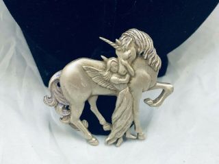 Vtg.  Jj Jonette Pewter Unicorn Horse Angel Maiden Woman Brooch