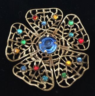 Vintage Jewellery Art Deco Czech Coloured Crystal Flower Design Brooch