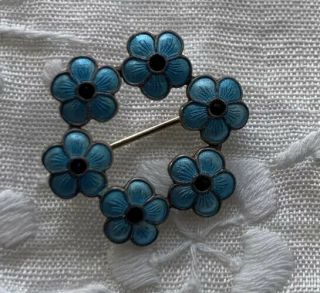Vintage Meka Denmark Sterling.  925 Blue Enamel Flower Circle Brooch Pin 118