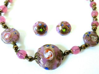 Vintage Venetian Murano Glass Wedding Cake Bead Necklace Earrings Set Pink