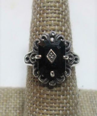 Vintage Signed Cna 925 Sterling Silver Onyx & Diamond Filigree Ring 4.  8g Size 6