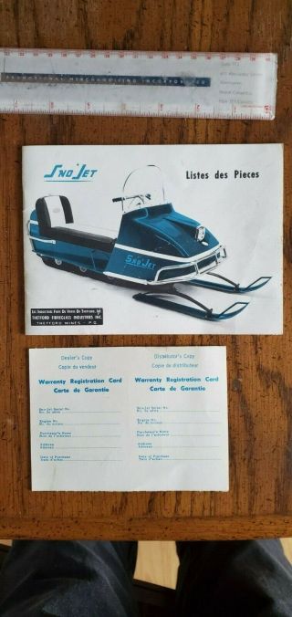 Vintage 1966 Snojet Snowmobile Parts List Warrenty Card French English
