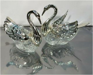Vintage Silver Plate & Glass Swan Form Open Salt Cellar Set W/ Spoons