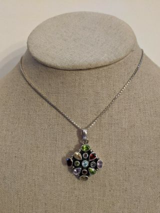 Vintage Sterling Silver Necklace With Silver And Multi Stone Pendant