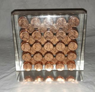 Clear Acrylic/lucite Paperweight W/70 Suspended 1974 Pennies Pre - Owned Vintage