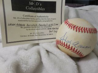 Official Hank Aaron Autographed Baseball With Letter Of Authenticity.