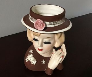Vintage 6” Japan Lady Head Vase W Brown Hat & Dress W Two Hands