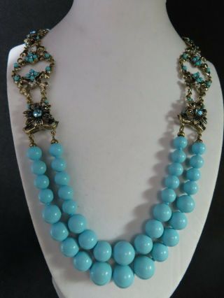 Vtg Faux Turquoise Ornate Gold Tone Necklace Beaded Necklace Signed Vintage Ital