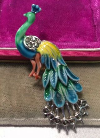 Vintage Art Deco Jewellery Gorgeous Enamel & Marcasite Peacock Bird Brooch