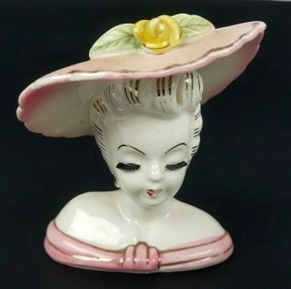 Vintage Lady Head Vase W/ Pink Hat & Dress Yellow Flower White Hair Eyelashes 4 "