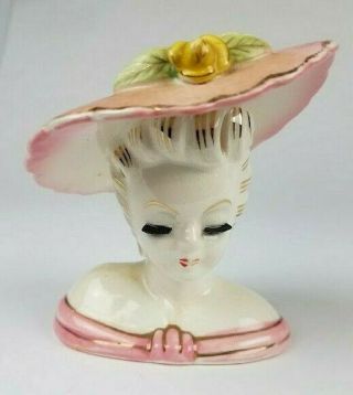 Vintage Lady Head Vase w/ Pink Hat & Dress Yellow Flower White Hair Eyelashes 4 