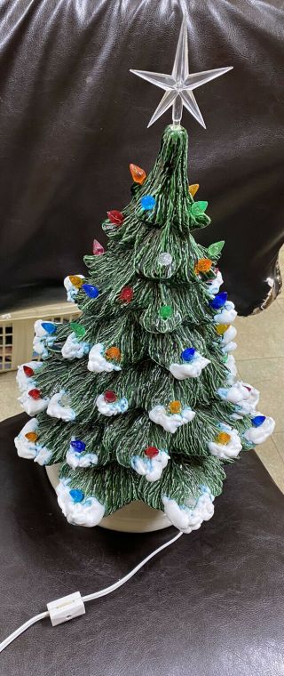 Vintage 1978 Ceramic Christmas Tree & Base W Plastic Colored Lights & Star