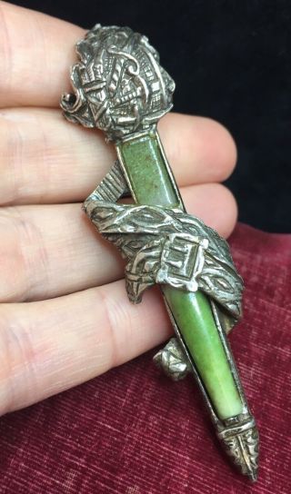 Vintage Jewellery Large Scottish Sword Kilt Pin Brooch With Connemara Marble Gla