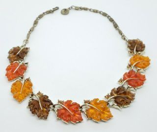 Vintage Signed Lisner Gold Rhodium Plate Autumn Fall Leaf Lucite Link Necklace 2