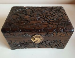 Vintage Hand carved Wooden Jewelry Box Treasure Chest Storage Box 2