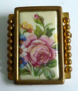 A Vintage 1930s Gold Tone & Ceramic Limoges Painted Flower Brooch