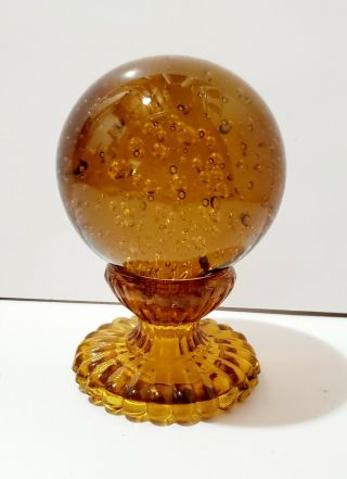 Vintage Murano Glass Amber Air Bubbles Paperweight On Stand