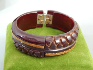 Vintage Heavy Carved Dark Cherry Amber Bakelite Hinged Clamper Bracelet 38g
