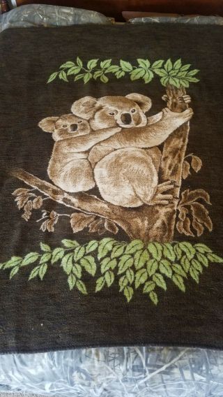Vintage Acryl Velours Koala Bears Blanket Brown Green Beige 74x62 Usa Made