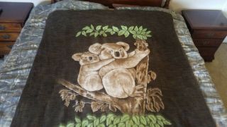 Vintage Acryl Velours Koala Bears Blanket Brown Green Beige 74X62 USA Made 3