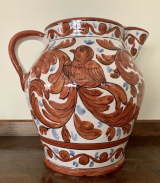 Vintage Italian Arabesco Bird Majolica Pottery 9”h X 9.  5”w Pitcher Vase Planter