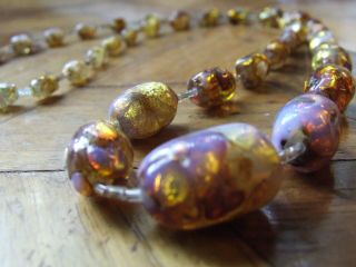 Gorgeous Vintage Venetian Murano Gold Foil Graduated Glass Beaded Necklace 3