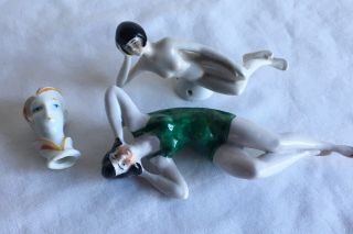 Vintage Art Deco German Porcelain Pin Cushion Dolls Flapper Bathing Belles