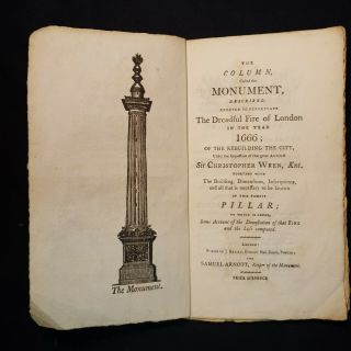 1805 Sir Christopher Wren Column Called The Monument Fire Of London 1666 Scarce