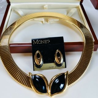 Vintage Jewellery Signed Monet Black Enamel Gold Plated Necklace & Earrings
