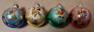 4 Vintage Disney Glass Christmas Xmas Balls Decorations Baubles