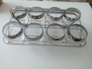 Vintage Set Of 8 Silver Banded Roly Poly Glasses With Caddy