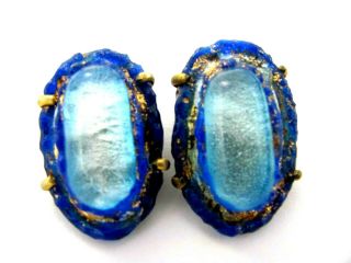 Vintage Depose France Cobalt & Light Blue Oval Art Glass Clip On Earrings
