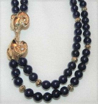 Vintage Kenneth Jay Lane Kjl For Avon Rams Head Faux Lapis Blue Bead 31 Necklace