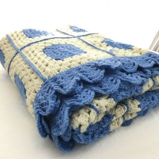 Vintage Afghan,  Hand Knit,  72 " X 56 ",  Sofa Or Bed Throw,  Blue Granny Square
