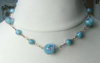 Vintage Deco Venetian / Czech Glass Beads Necklace Blue Pink Flowers