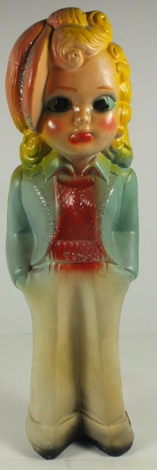 Vintage Chalkware Carnival Prize Girl Doll Statue Pink Hat & Sweater W/ Glitter