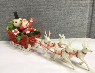Vintage 50s Plastic Santa In Felt Flocked Sleigh Reindeer And Gifts 14 " Long