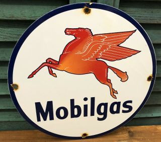 Old Vintage Mobilgas Gasoline Motor Oil Porcelain Enamel Gas Pump Advertise Sign