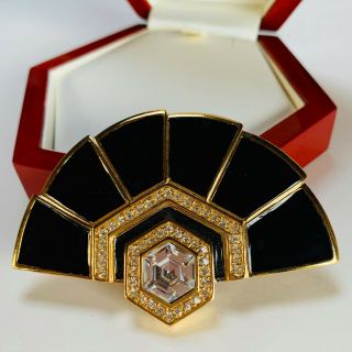 Vintage Signed Trifari Black Enamel/clear Crystal Art Deco Design Brooch/pin